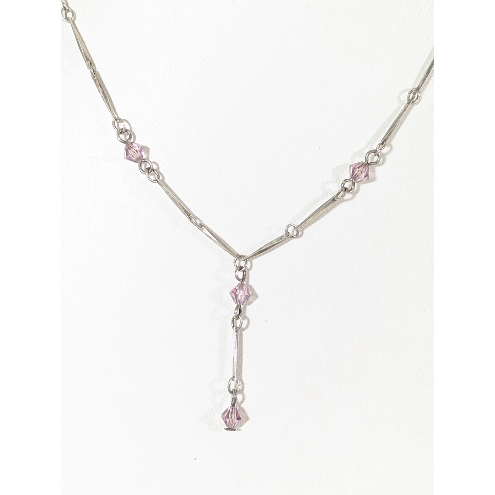 Vintage Pink Crystal Silver Tone Bar Chain Y Drop Necklace 16 Inch